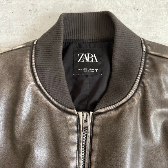 Zara cropped faux leather bomber jacket in distressed brown womens size medium - Picture 5 of 8